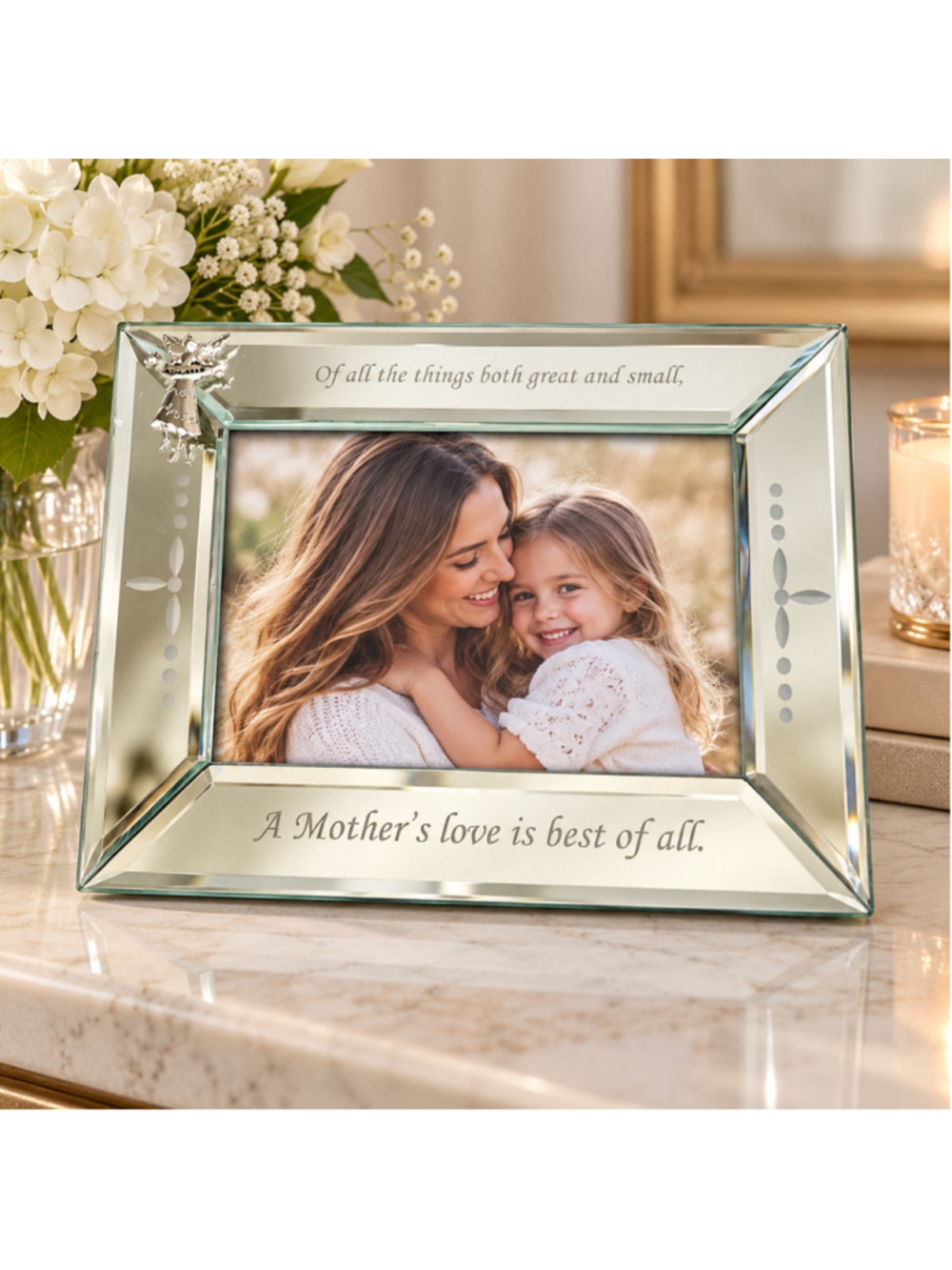 Vintage Angelic Reflections 4x6 Mirrored Glass & Pewter Mom Picture Frame NIB